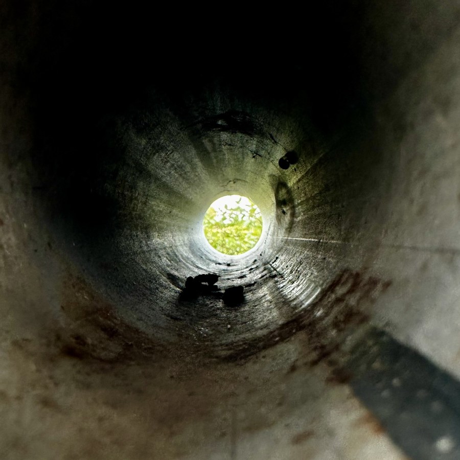 Blick durch ein Rohr auf das Licht und die umgebende Natur.