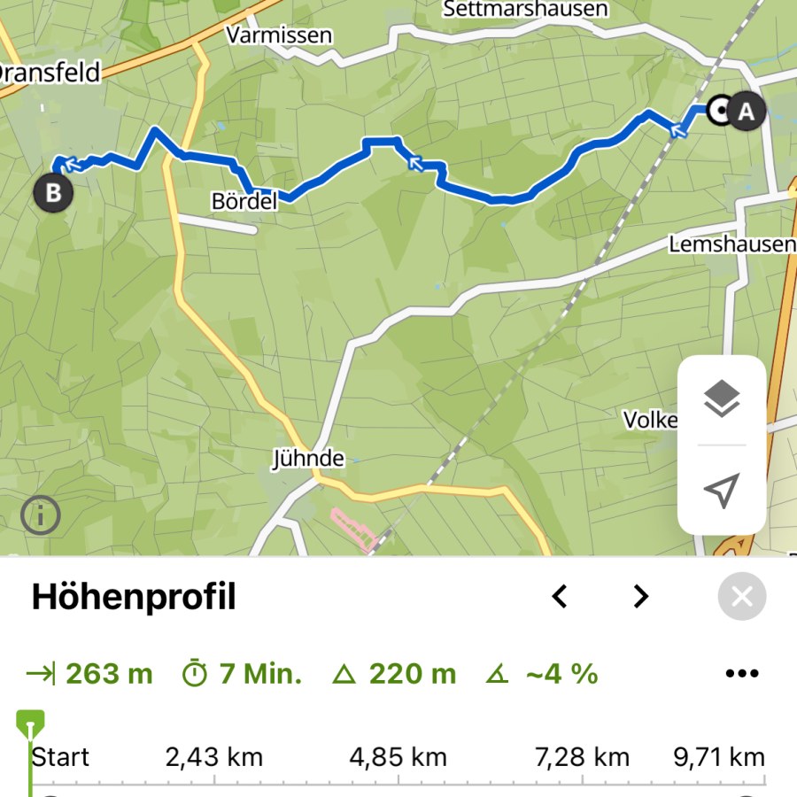Komoot hat uns diesmal richtig schön navigiert. Ohne natürliche Heckengrenzen, Monotrails oder Wegen, die schon seit Jahrzehnten nicht mehr existieren.